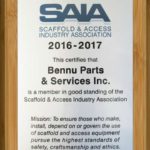 Scaffold & Access Industry Association SAIA certification plaque for Bennu Parts & Service