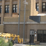 Bennu Scaffolding Platform Series 3 and 66ft. telehandler machines help disassemble Illinois Burbank School smoke stack