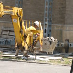 Bennu Scaffolding Platform Series 3 and 66ft. telehandler machines help disassemble Illinois Burbank School smoke stack