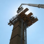 Bennu Scaffolding Platform Series 3 and 66ft. telehandler machines help disassemble Illinois Burbank School smoke stack